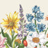 Colorful illustration of various flowers on a beige background.