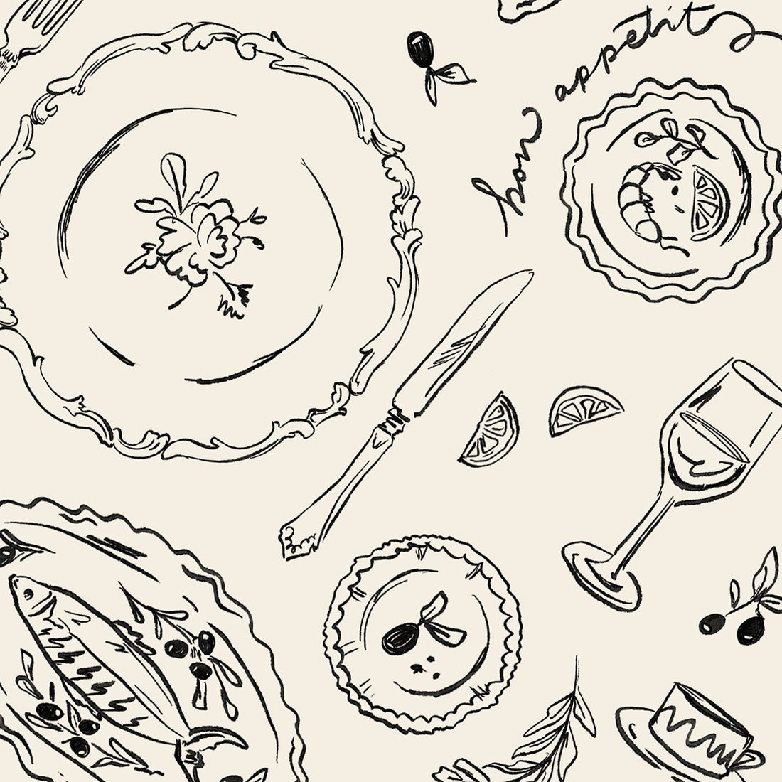 Black and white pattern of dining items including plates, cutlery, and glasses on a beige background.