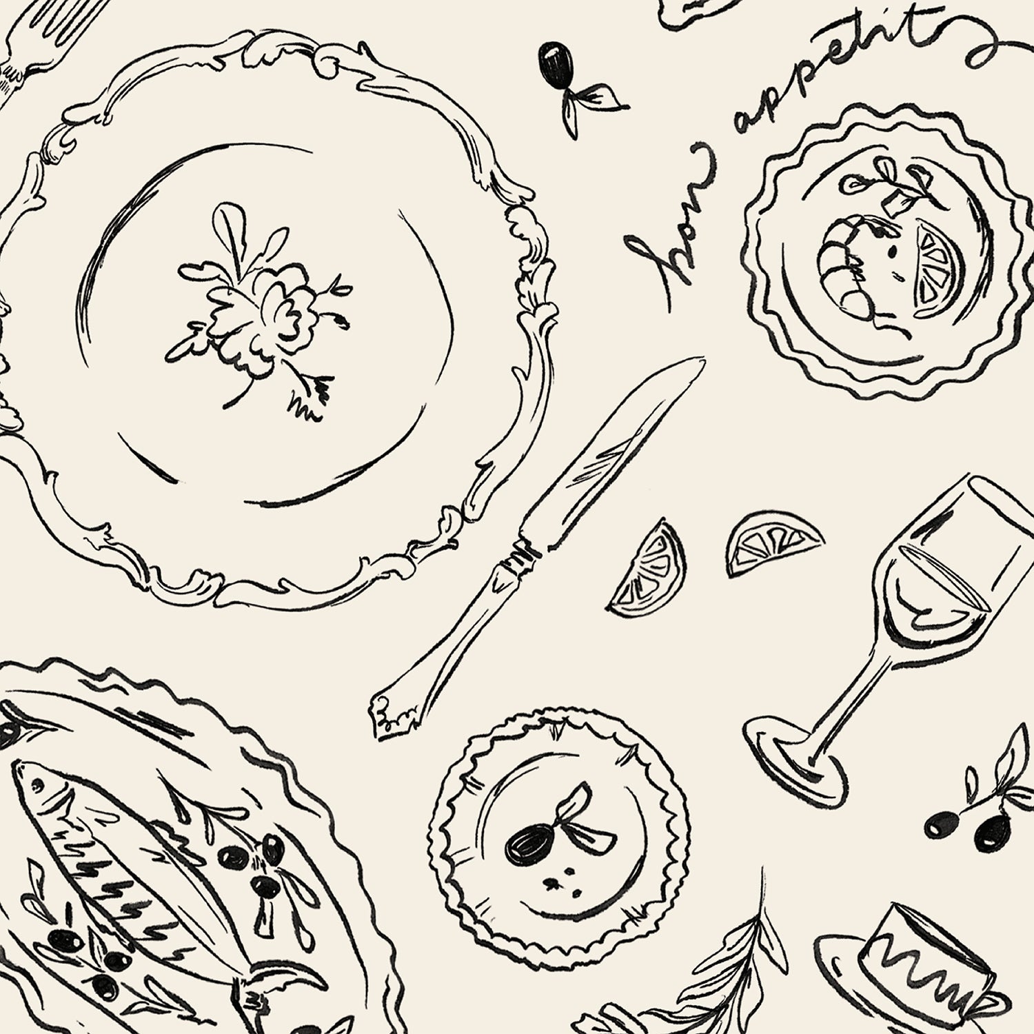 Black and white pattern of dining items including plates, cutlery, and glasses on a beige background.
