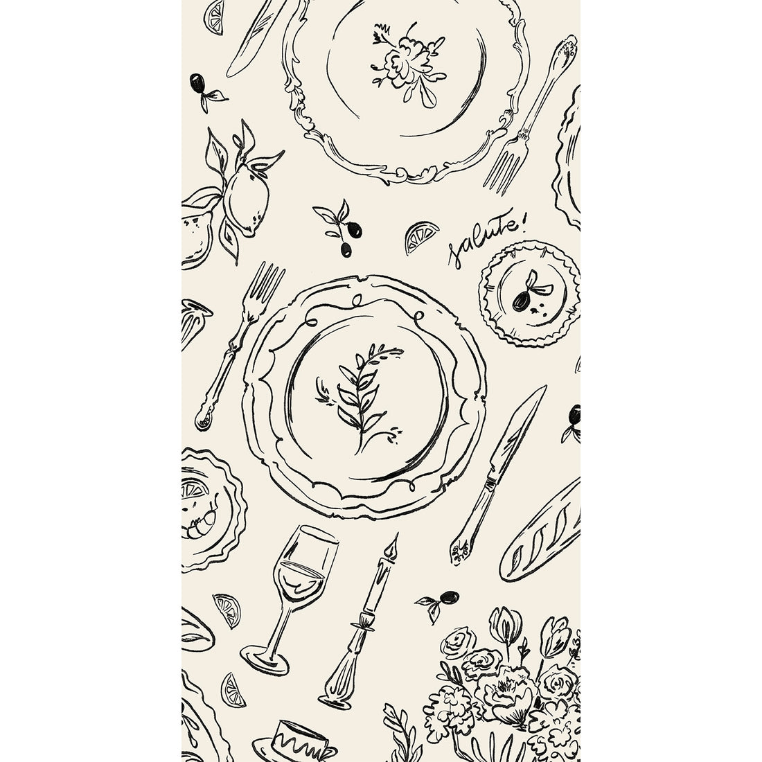 Pattern of black line art on a white background featuring plates, cutlery, and floral elements.