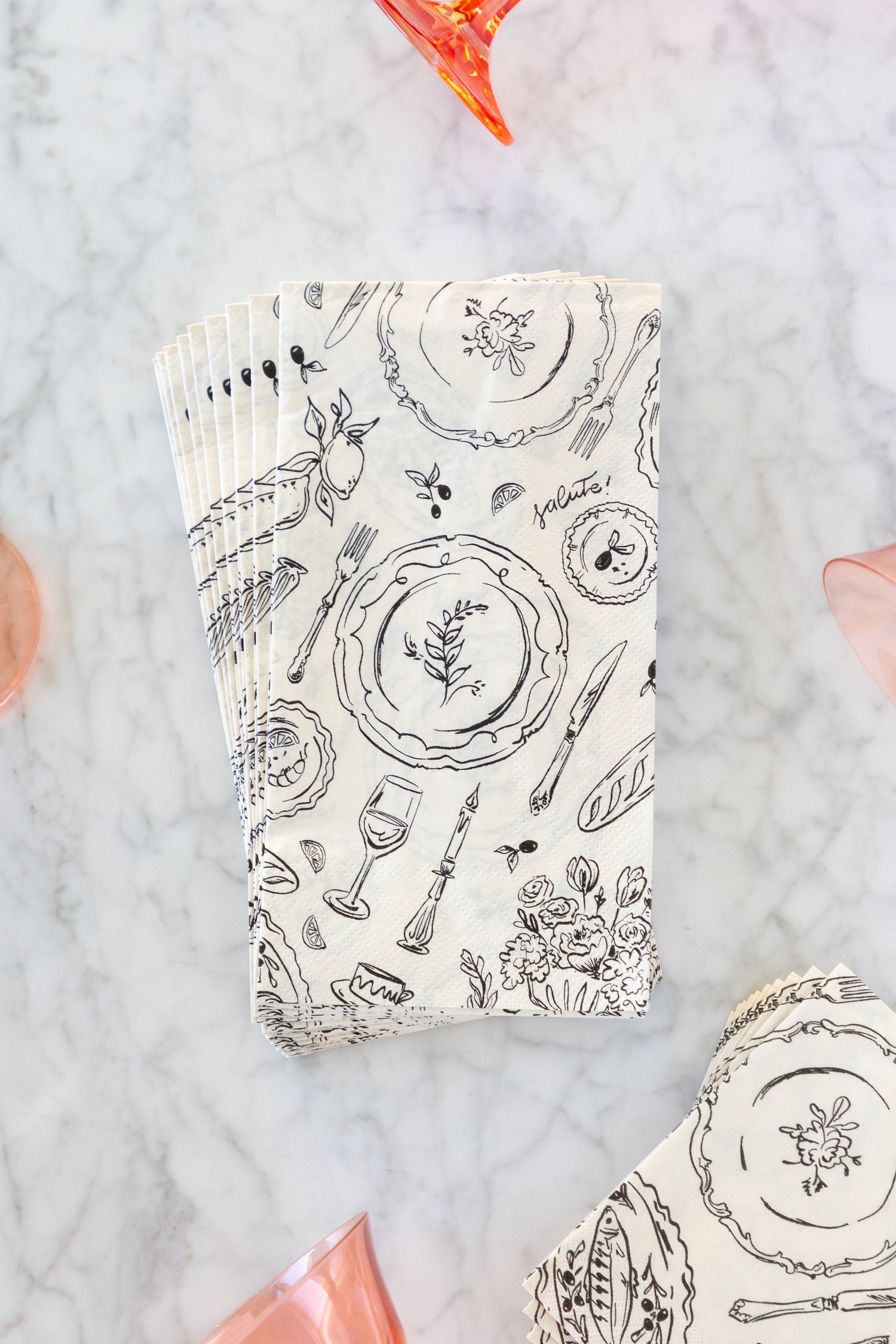 Dinner Party Guest Napkins on a marble table.