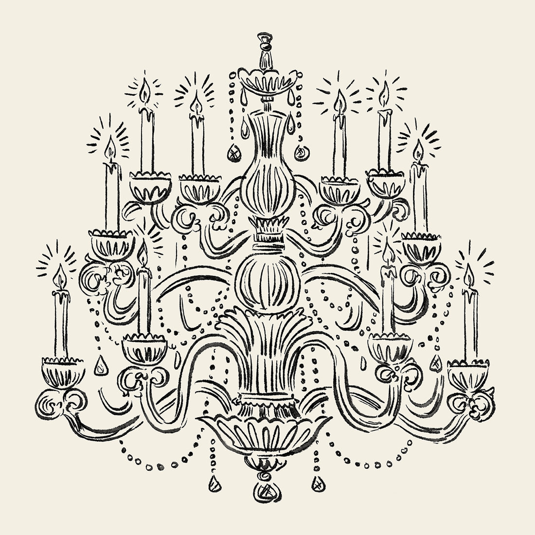 Decorative black chandelier illustration on a beige background.