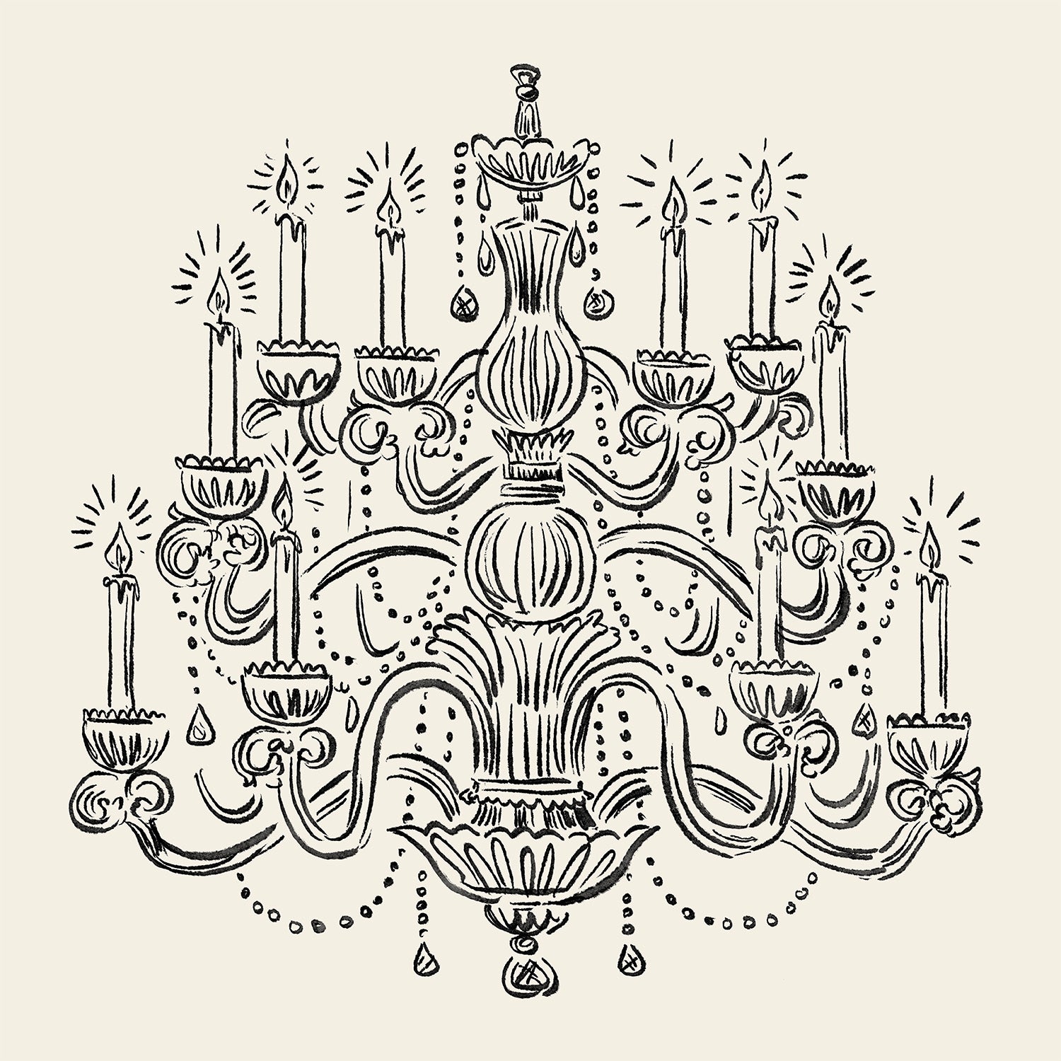 Decorative black chandelier illustration on a beige background.