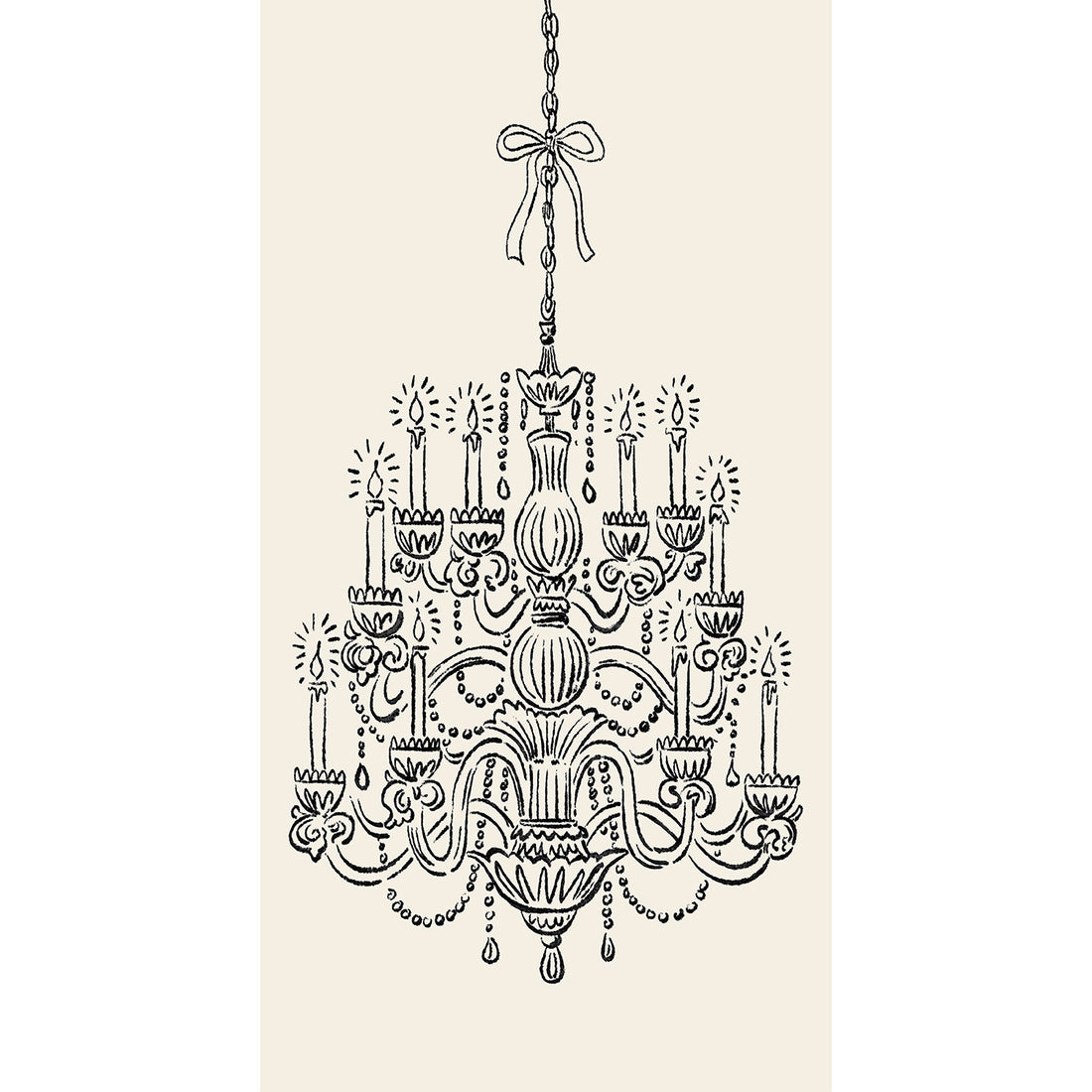 Decorative black chandelier illustration on a beige background.