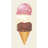 Ice cream cone with three scoops of different flavors on a beige background.
