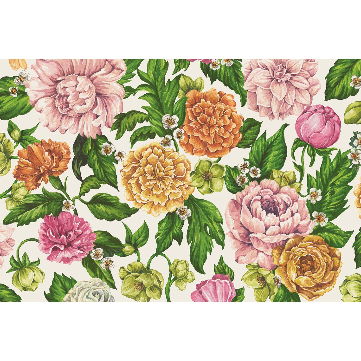 Large, illustrated flowers in muted pink, orange and yellow, surrounded by vibrant green foliage, scattered on a white background.