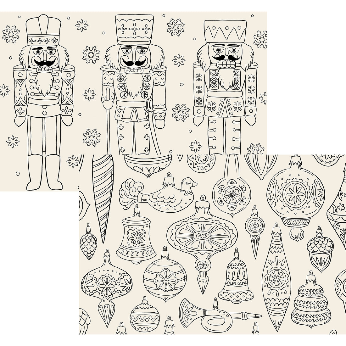 Christmas Coloring Placemats with one placemat showing three black line art nutcrackers surrounded by snowflakes and one placemat showing black line art vintage ornaments––both on a cream background.