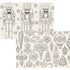 Christmas Coloring Placemats with one placemat showing three black line art nutcrackers surrounded by snowflakes and one placemat showing black line art vintage ornaments––both on a cream background.