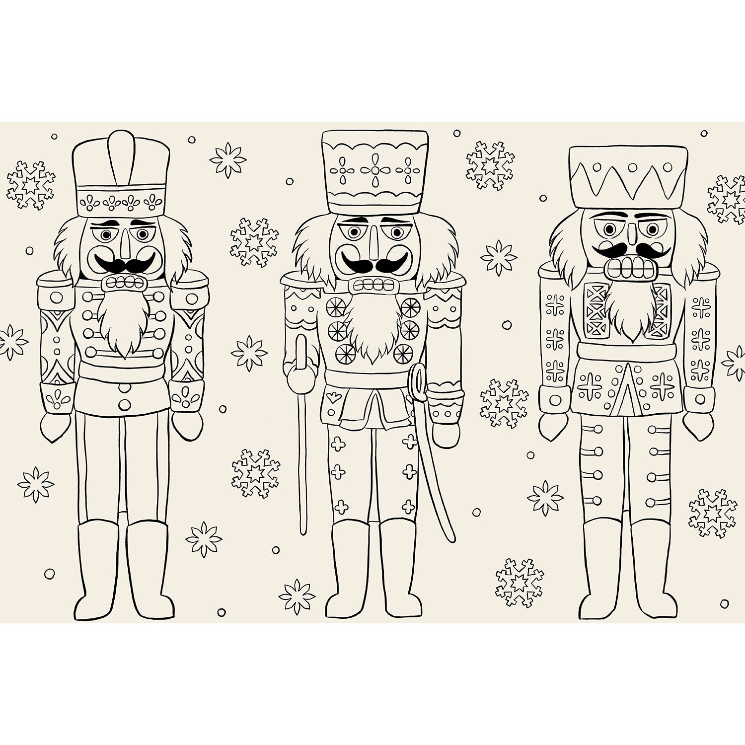Three black line art nutcrackers with decorative patterns on a beige background with snowflakes.