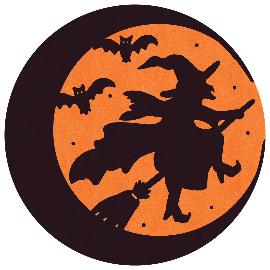 Die-cut placemat of a silhouette of a wicked witch on a broom, surrounded by bats, with an orange background and black crescent moon.