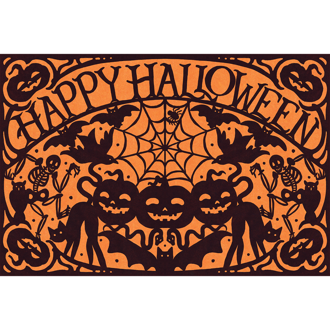 Orange paper placemat that reads Happy Halloween and is surrounded by silhouettes of pumpkins, cats, owls, skulls, spiders &amp; webs.