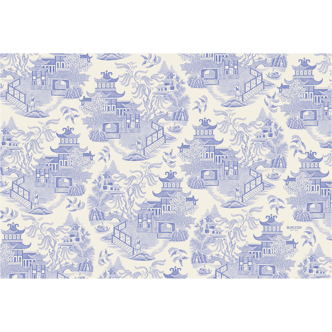 Blue Willow Placemat designed with a monochrome toile pattern featuring traditional Asian architecture and landscapes.