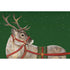 Holiday Reindeer Placemat featuring an illustration of a reindeer in red and green harnesses on a snowy green backdrop.