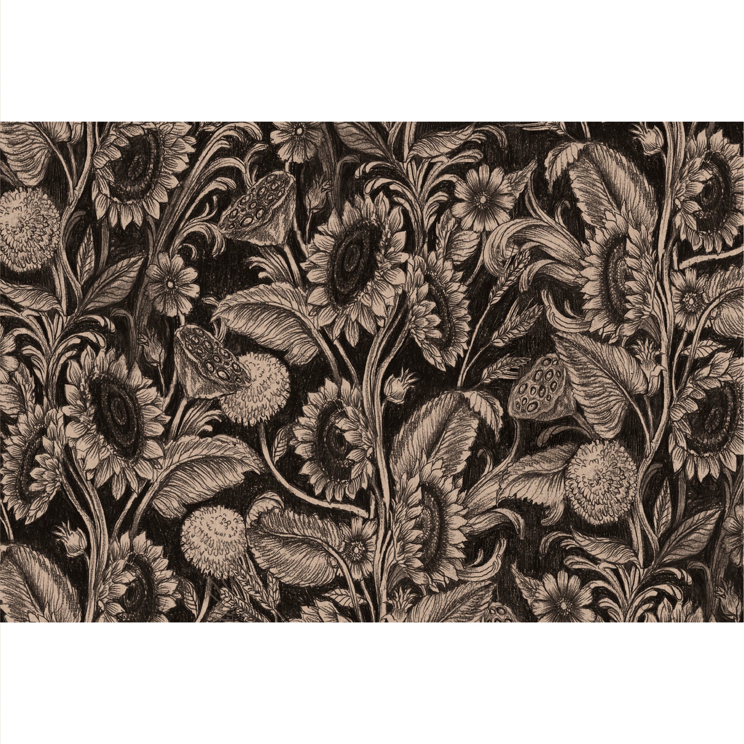 Sunflower Field Placemat featuring intricate drawings of sunflowers arranged to create a tapestry like pattern, on a black background.