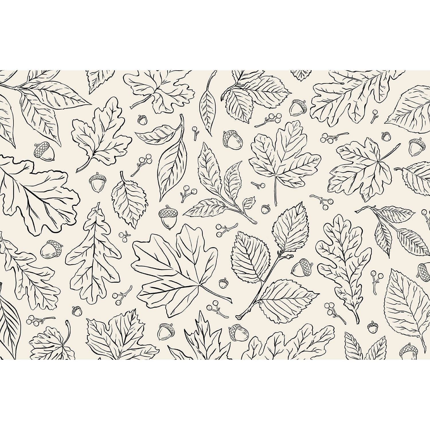Coloring Leaves Placemat featuring outlined leaves and acorns scattered on a light beige background.