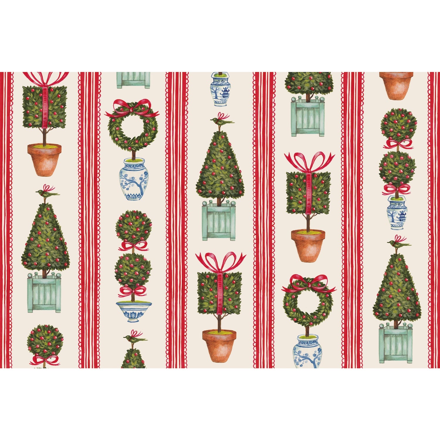 Patterned placemat featuring rows of potted holiday topiary trees adorned with red ribbons with vertical red stripes on a cream background.