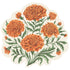 Illustration of five orange marigold flowers with green leaves and stems on a light background.