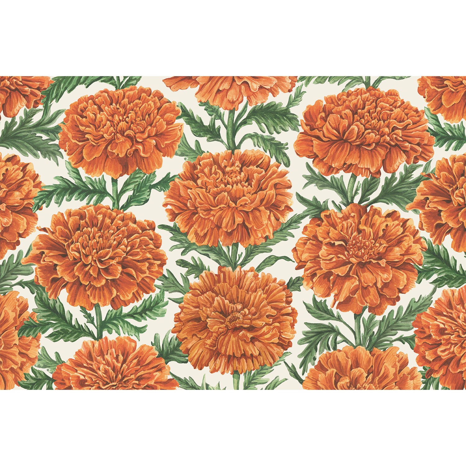 Illustration of orange marigold flowers with green leaves arranged in a repeating pattern on a light background.