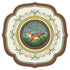 Decorative placemat featuring an illustration of a fox running through a forest, surrounded by ornate floral and scroll patterns in green and brown.