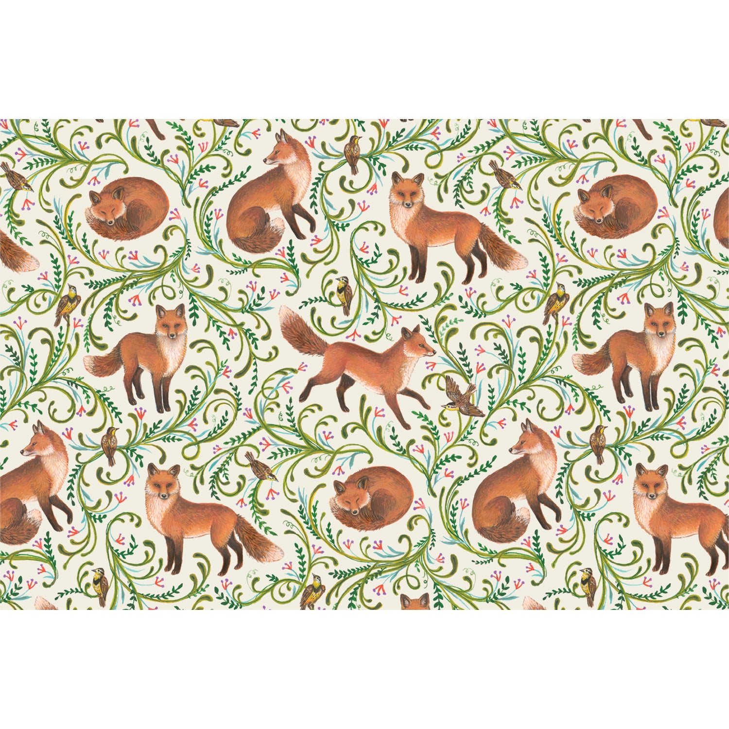 Illustration of red foxes in various poses, surrounded by green leafy vines, small flowers and birds.