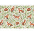 Illustration of red foxes in various poses, surrounded by green leafy vines, small flowers and birds.