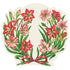 Illustration of a wreath made of red and pink amaryllis flowers with green leaves, tied with a red ribbon at the bottom.