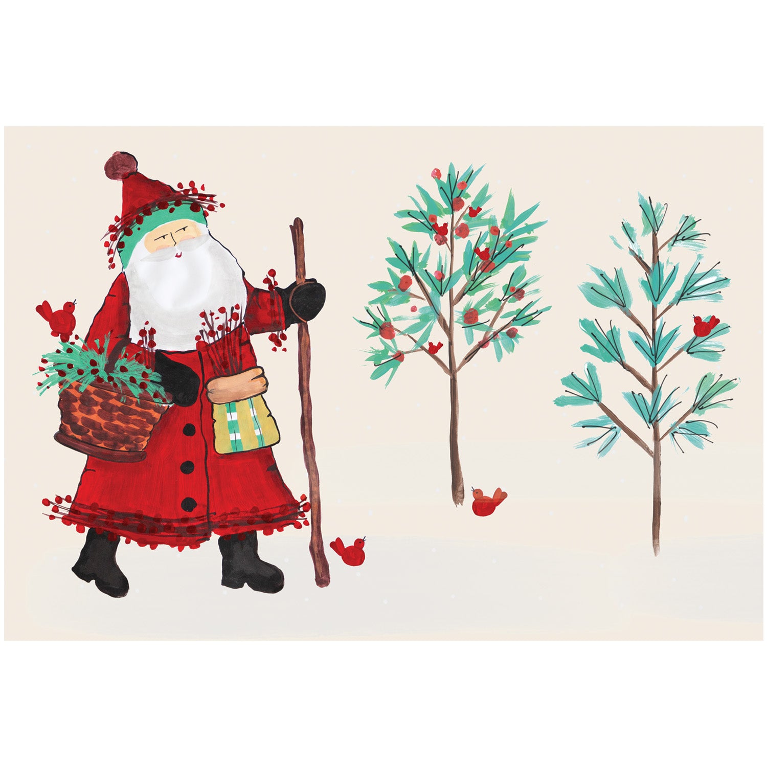 An illustration of Santa Claus hiking through a forest collecting holly, with Cardinals on everywhere.