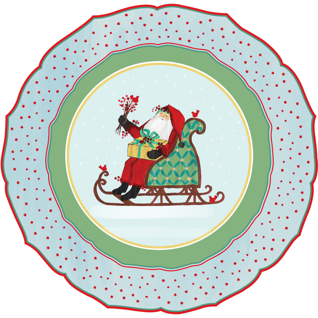 Illustration of Old St. Nick sitting in a green sleigh holding a present and holly surrounded by snow and Cardinals; red polka dots decorate the border of this festive VIETRI holiday placemat.