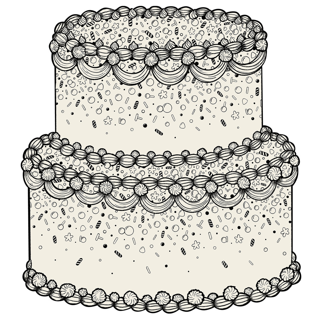Black and white illustration of a decorative cake with intricate patterns.