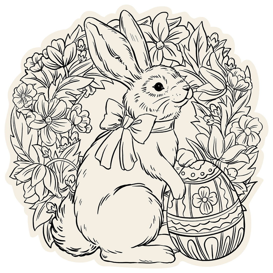 A black line-art illustration of a bunny with a bow around its neck holding a decorative Easter egg, surrounded by a wreath of flowers.