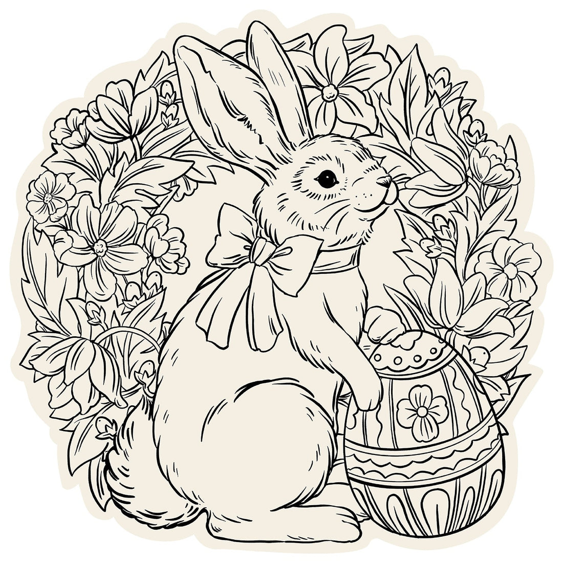 A black line-art illustration of a bunny with a bow around its neck holding a decorative Easter egg, surrounded by a wreath of flowers.