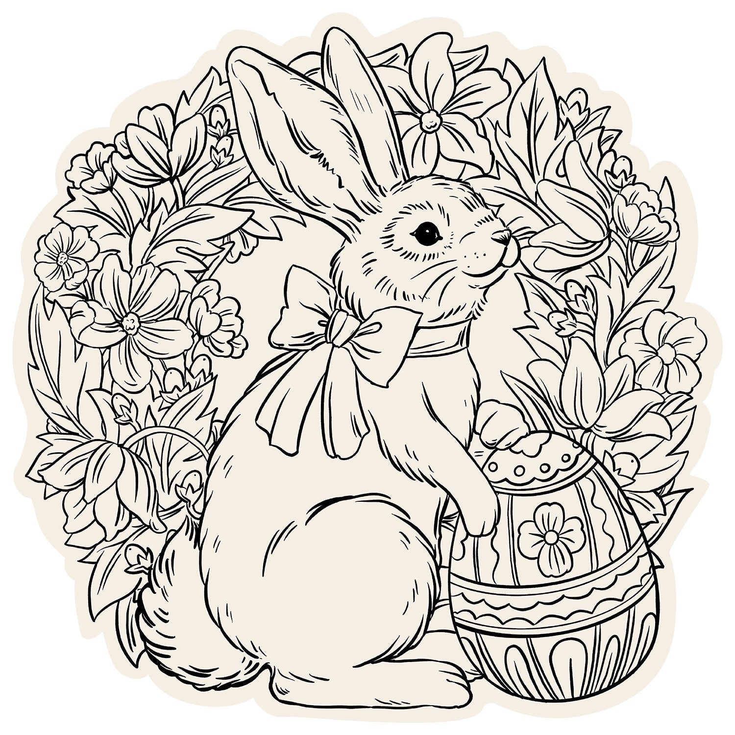 A black line-art illustration of a bunny with a bow around its neck holding a decorative Easter egg, surrounded by a wreath of flowers.