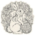 A black line-art illustration of a bunny with a bow around its neck holding a decorative Easter egg, surrounded by a wreath of flowers.