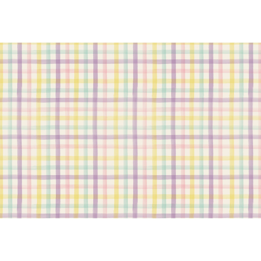 A colorful plaid paper placemat with stripes of purple, blue, pink and yellow, against a white background.