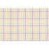 A colorful plaid paper placemat with stripes of purple, blue, pink and yellow, against a white background.