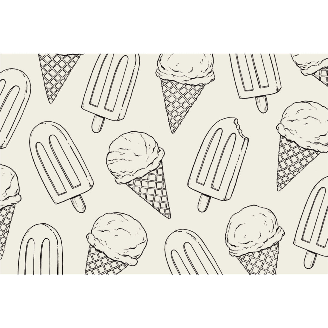 Placemat with a pattern of ice cream cones and popsicles in black line art on a beige background. 