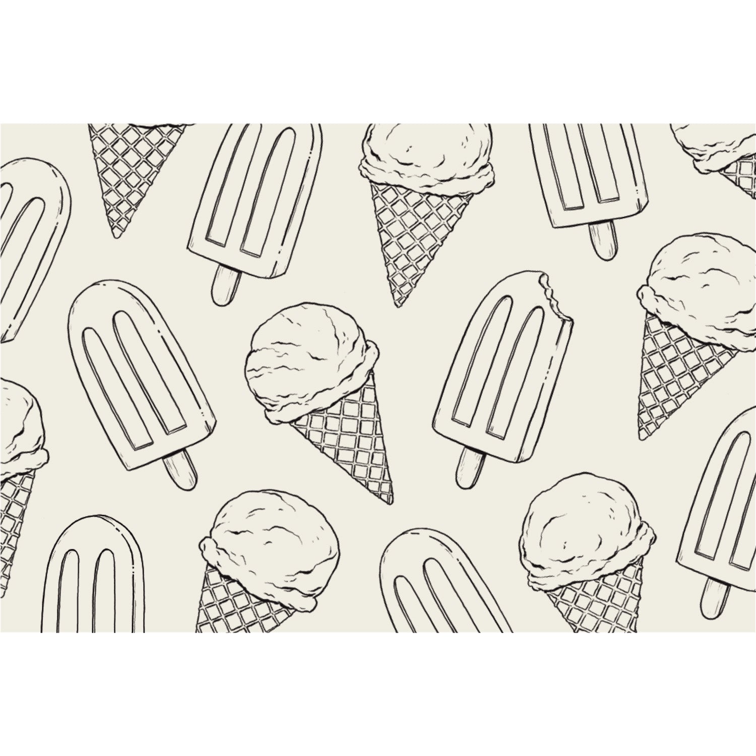 Pattern of ice cream cones and popsicles in black on a beige background.