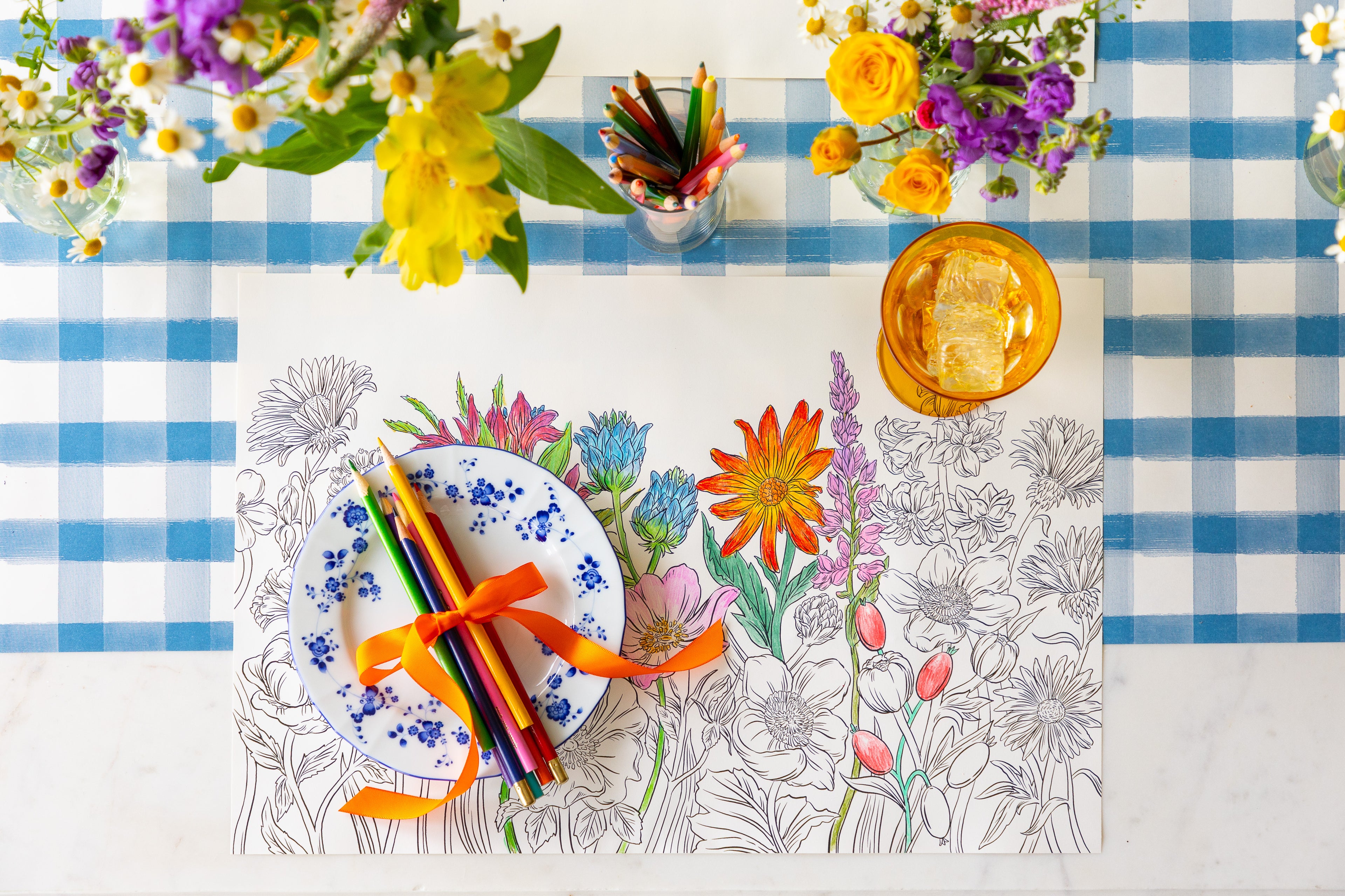 Blue Painted Check Runner