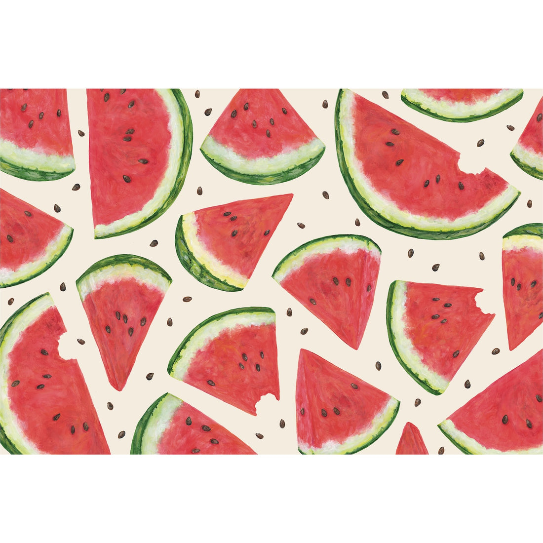Pattern of bitten watermelon slices and watermelon seeds on a beige background.