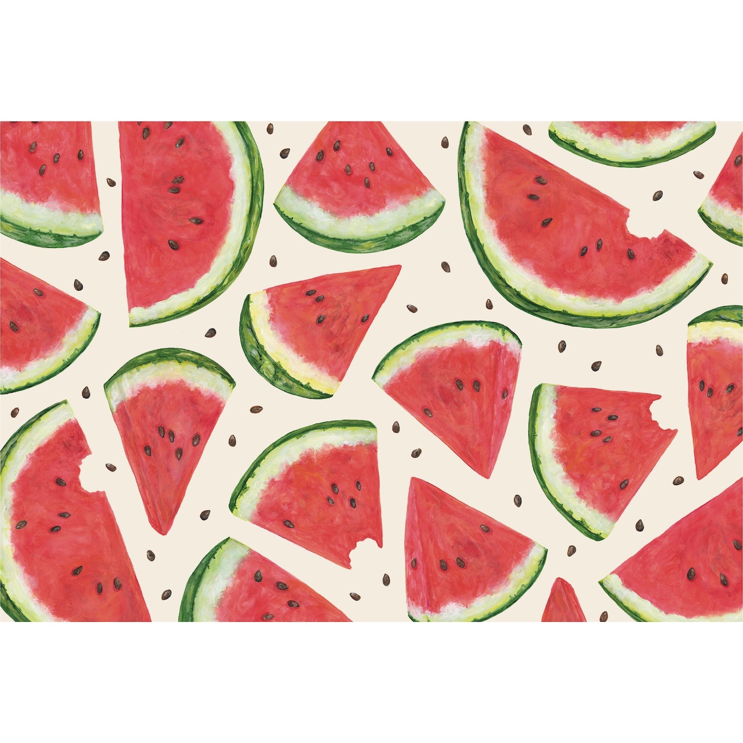 Pattern of bitten watermelon slices and watermelon seeds on a beige background.