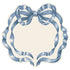 An illustration of a blue bow in the shape of a wreath against an off-white background.