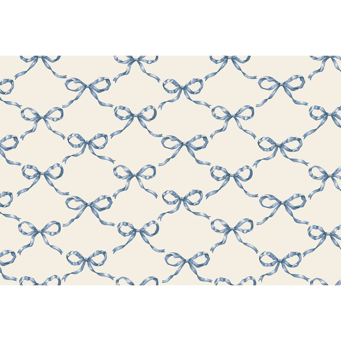 An illustration of blue bows arranged in a lattice pattern against an off-white background.