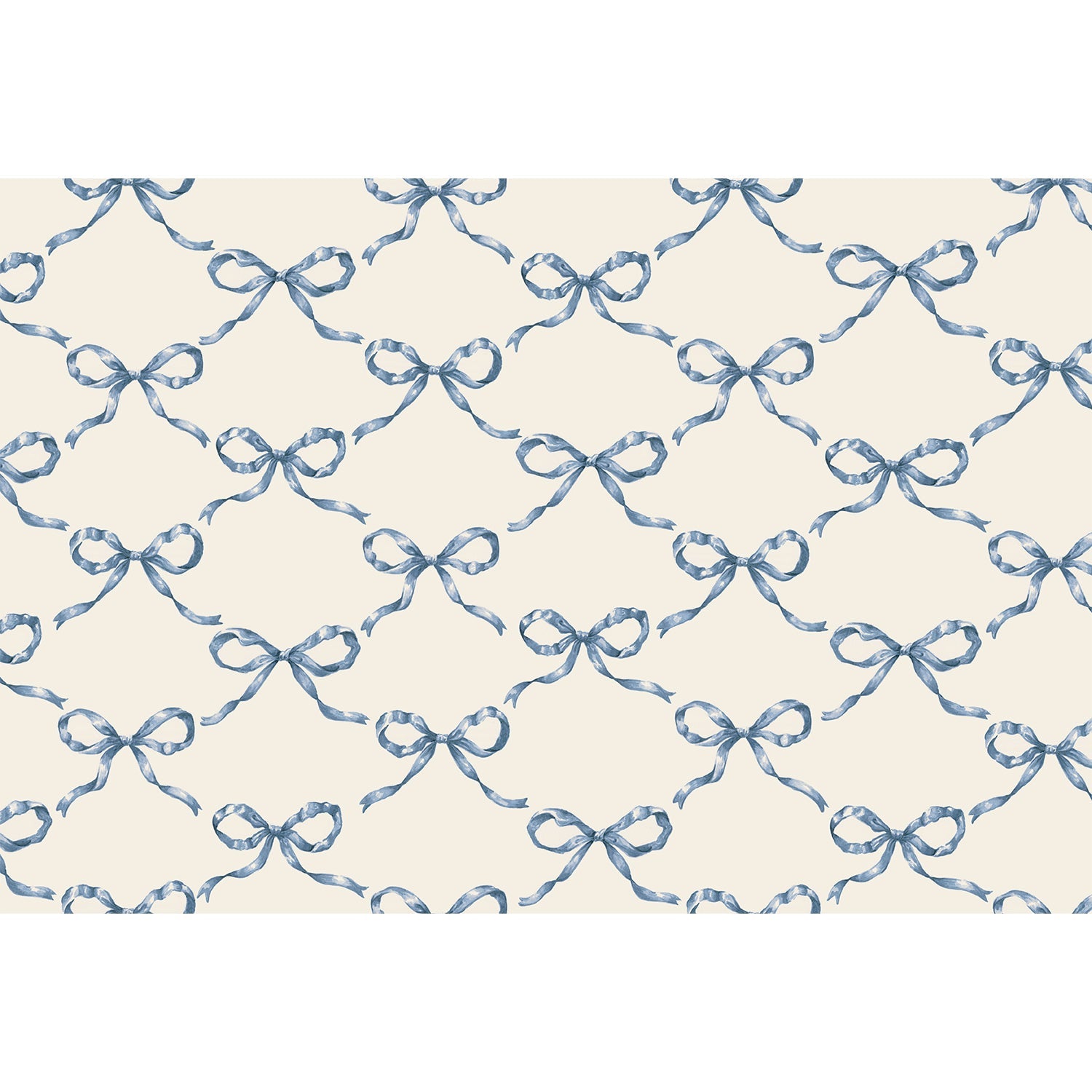 An illustration of blue bows arranged in a lattice pattern against an off-white background.