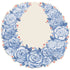 Decorative illustrated wreath placemat with blue roses and red stars on a beige background.