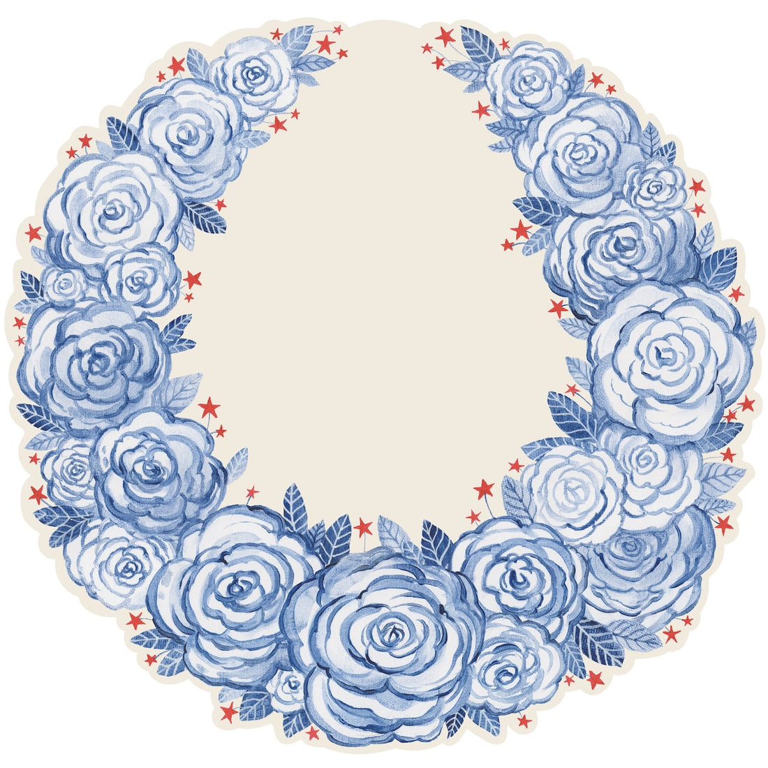 Decorative illustrated wreath placemat with blue roses and red stars on a beige background.