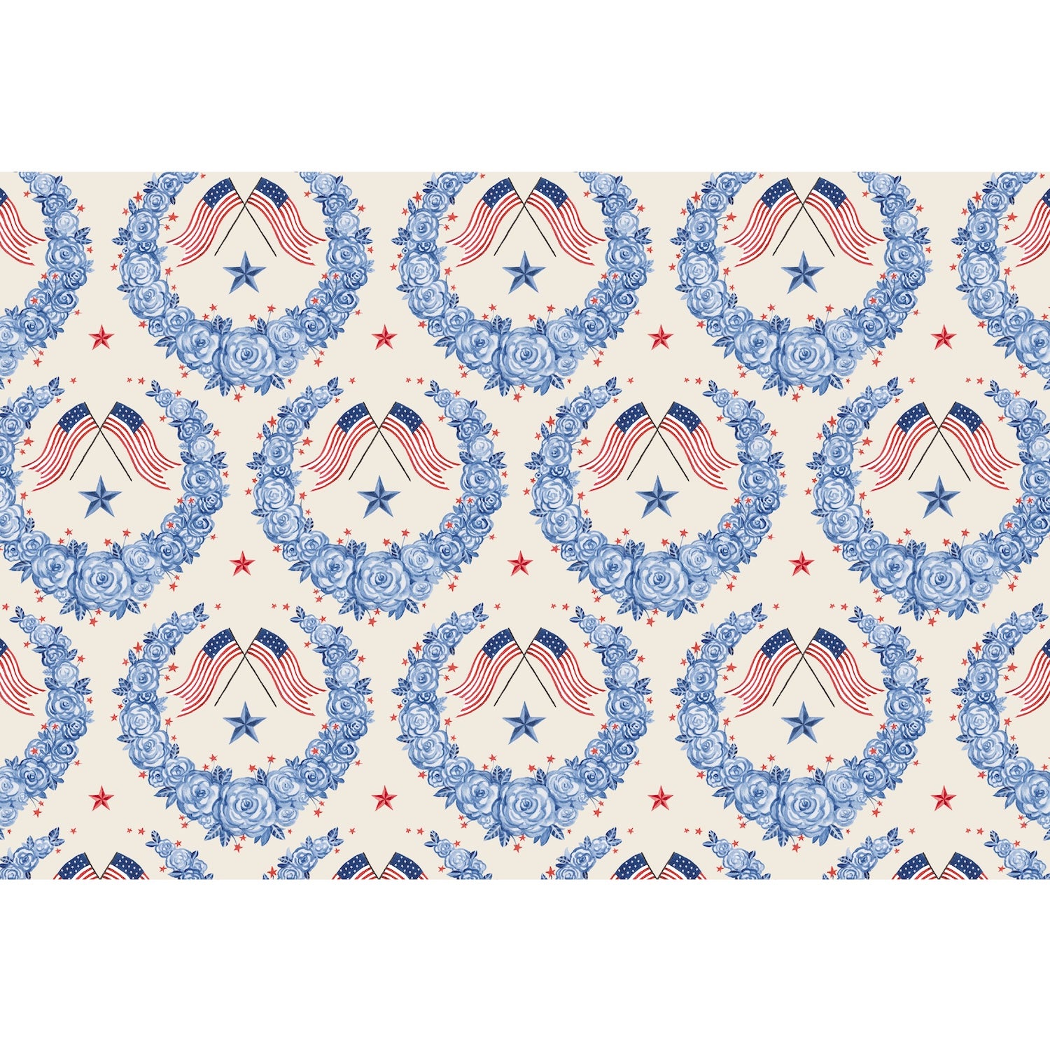 Pattern of blue floral wreaths with American flags on a white background illustrated placemat. 