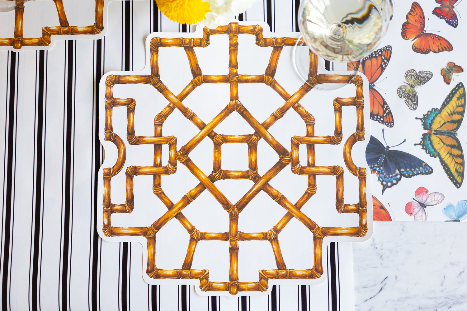 Die-cut Bamboo Placemat on the Black Linen Stripe and Butterflies Runners.