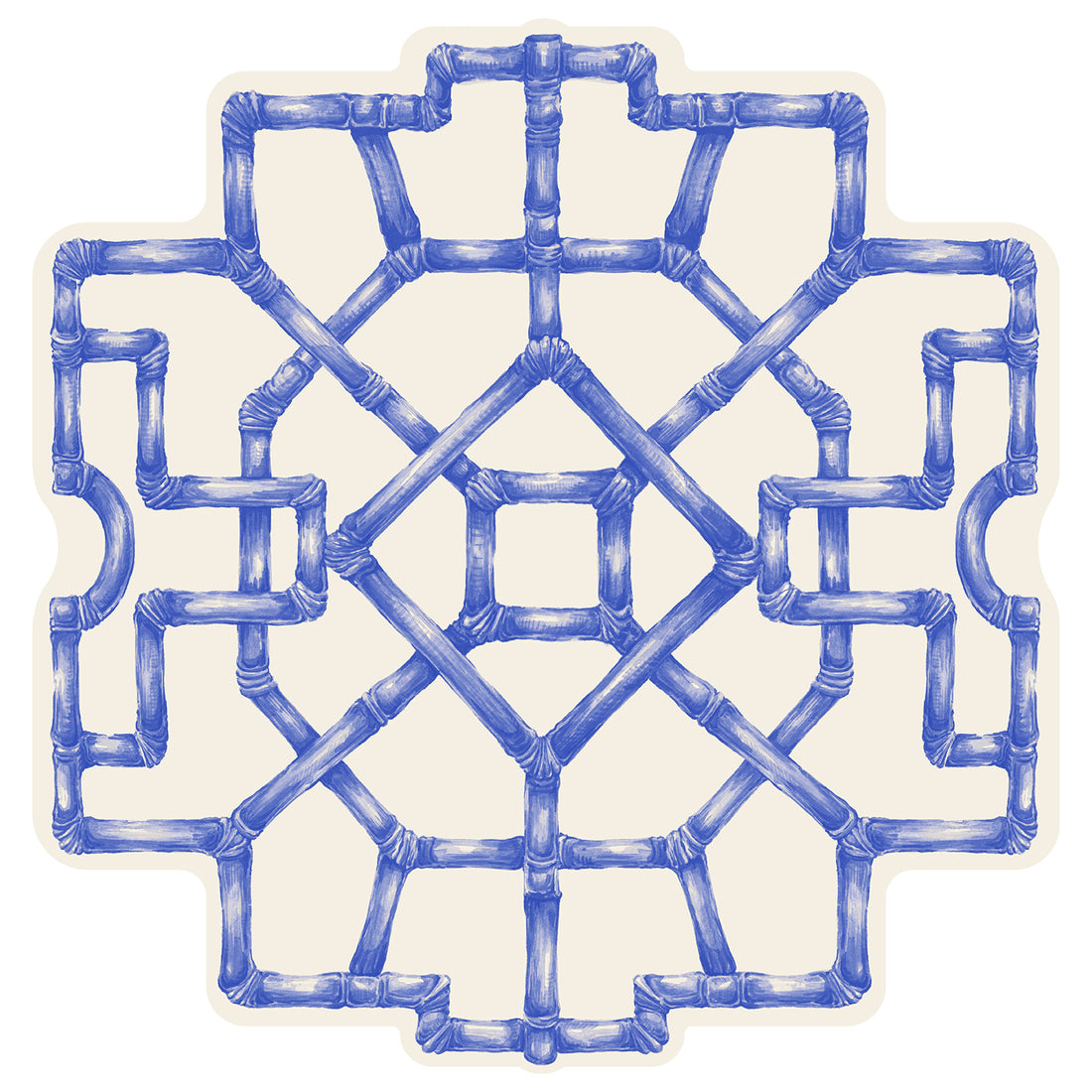 Illustration of a geometric blue bamboo pattern on a white background.