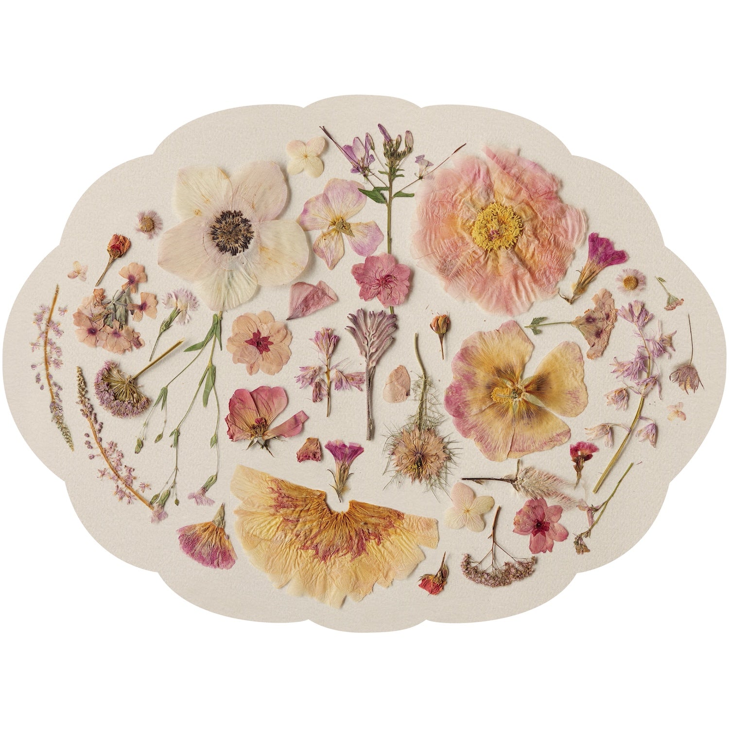 Decorative placemat with pressed flowers on a white background.