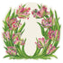 Floral illustration of pink and green parrot tulips in a wreath shape on a white background.